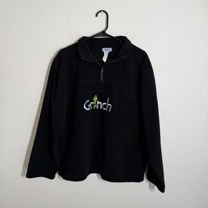 Dr. Seuss Brand Fleece Sweatshirt Mens XL Black Embroidered Grinch Quarter‎ Zip